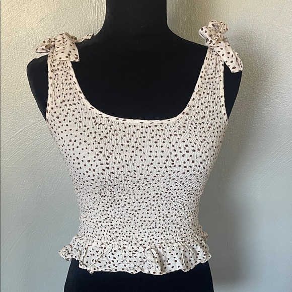 Japna Cream and Brown Dotted Ruffle Tank Top Size Medium - Picture 1 of 6